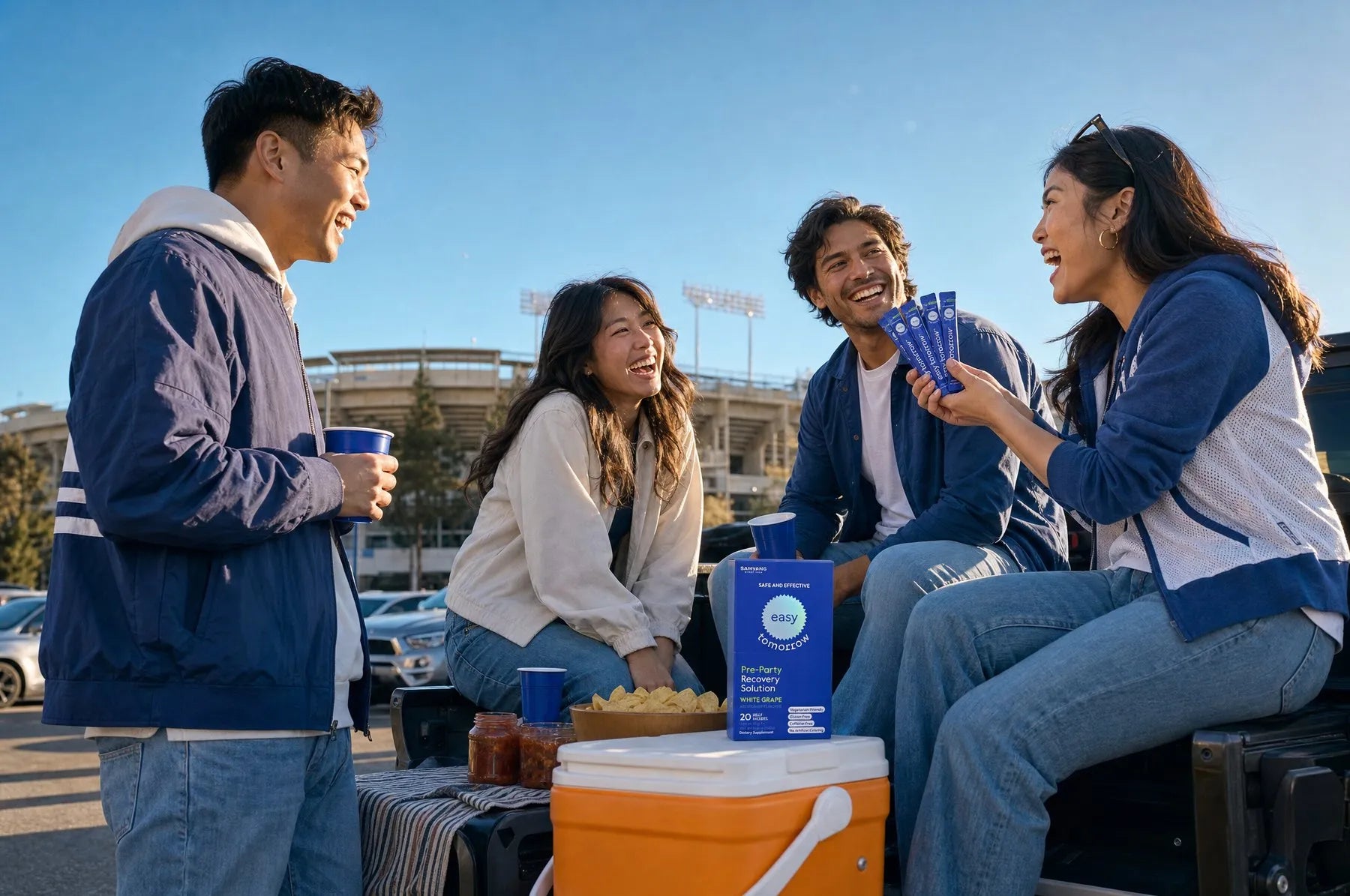 Friends at a stadium parking lot tailgate sharing Easy Tomorrow sticks