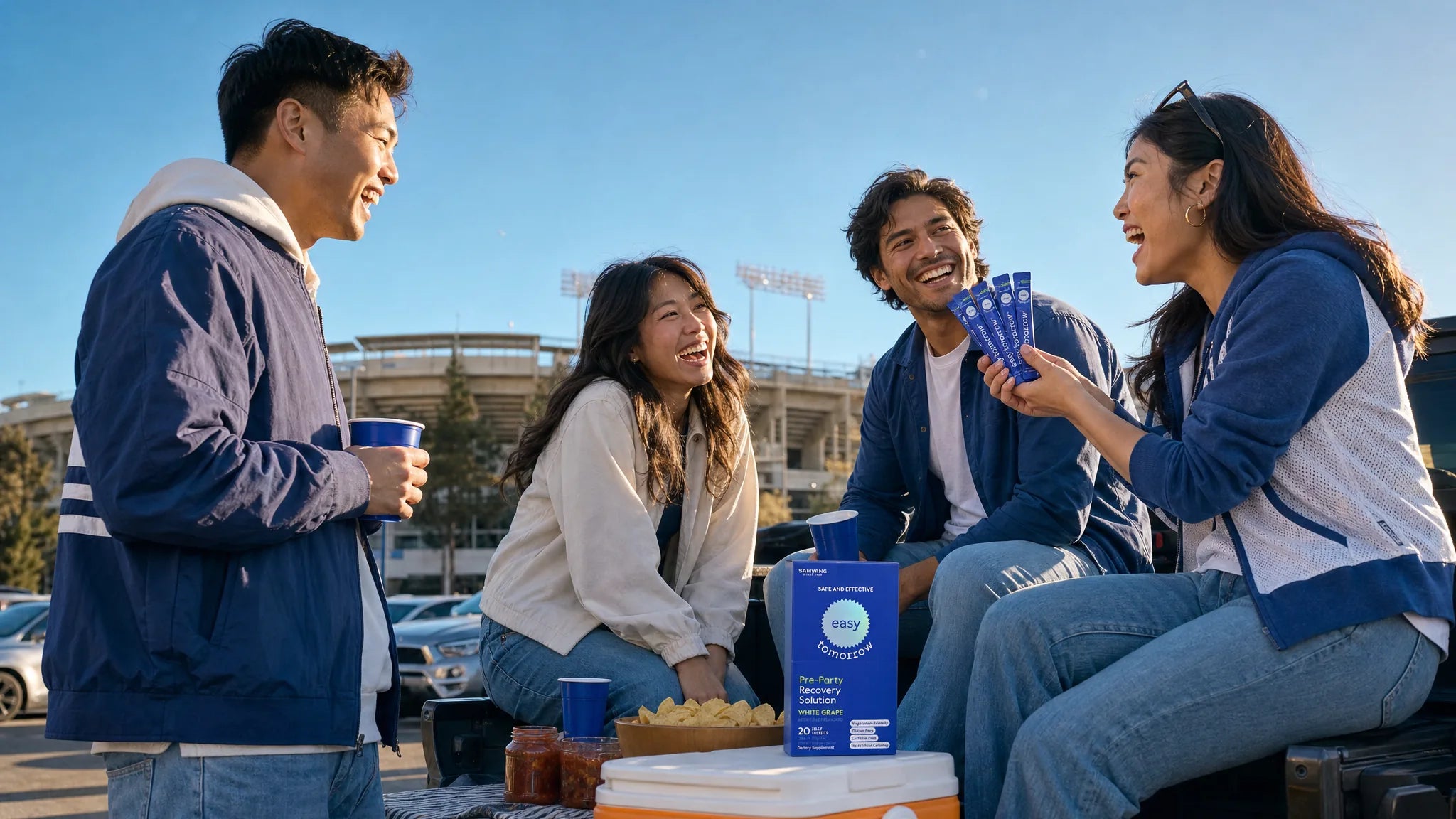 Friends tailgating outside a stadium, sharing Easy Tomorrow jelly sticks