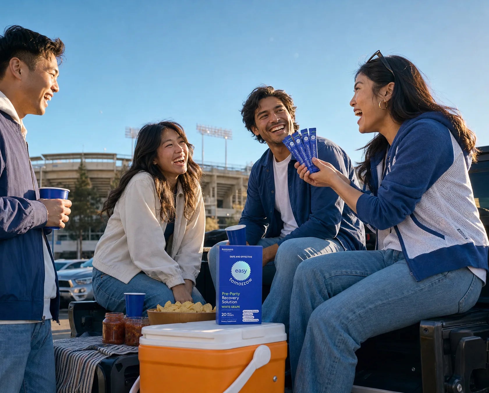 Friends tailgating outside a stadium, sharing Easy Tomorrow jelly sticks